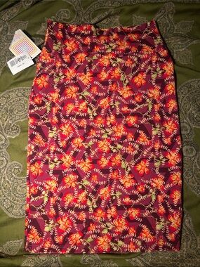 LuLaRoe Burgundy Pencil Skirt with Red, Yellow & Green Floral Print